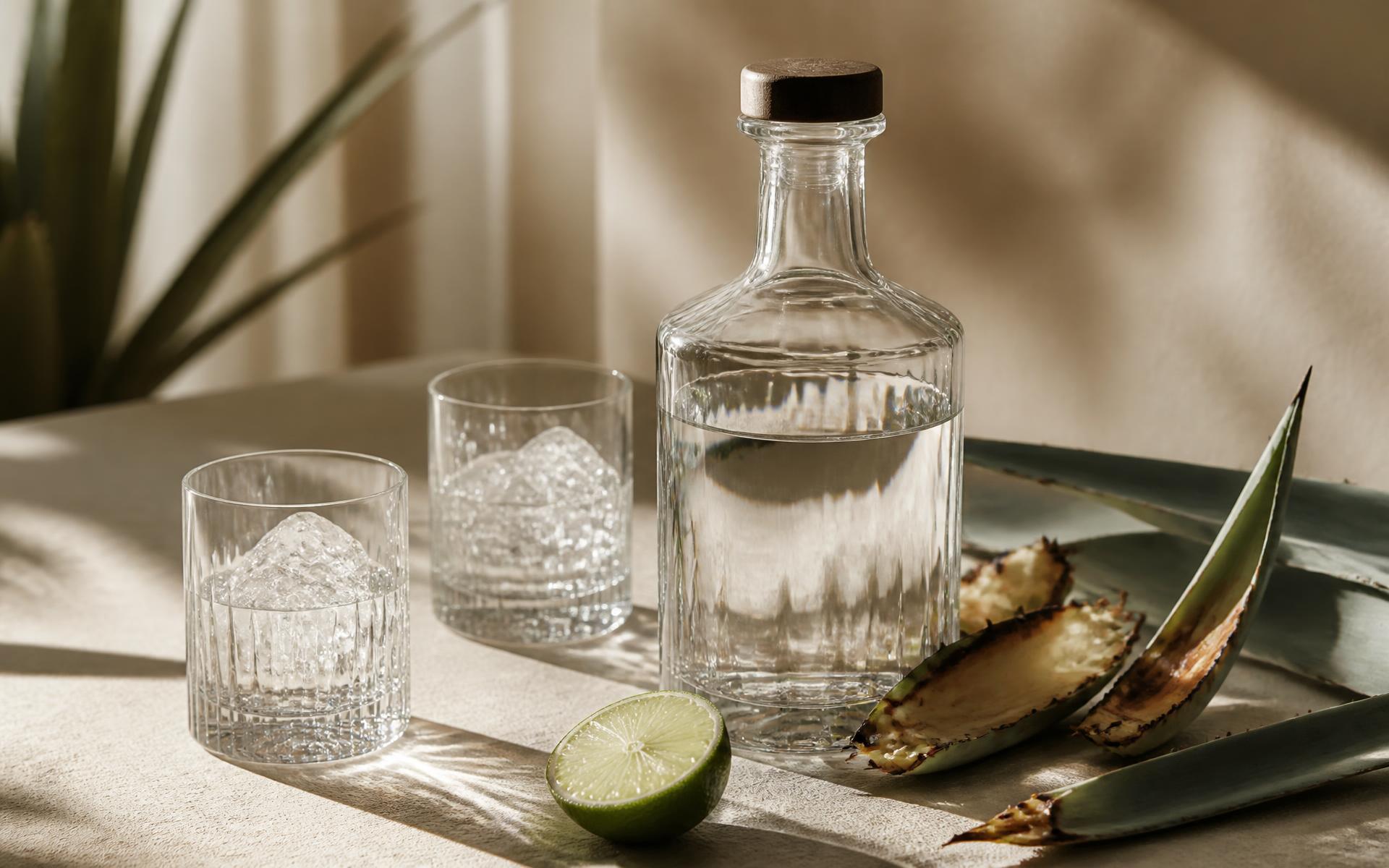 Blanco tequila with rocks glasses, roasted agave and lime on a linen table